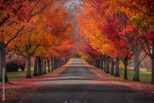 A panoramic view of a tree-lined avenue ablaze with the fiery colors of autumn leaves  their vibrant hues stretching as far as the eye can see  creating a stunning natural canopy overhead.