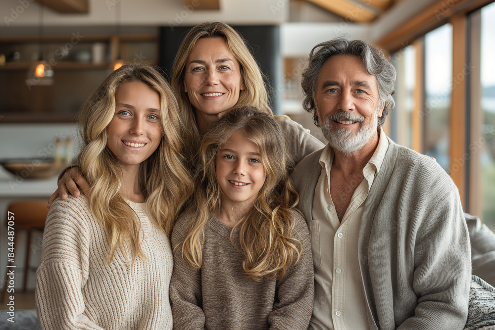 A multi-generational family posing in a modern home, with sleek decor and large windows letting in natural light, creating a warm and inviting atmosphere A multi-generational family posing in a modern home, with sleek decor and large windows letting in natural light, creating a warm and inviting atmosphere
