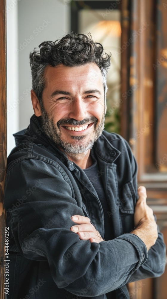 The image captures a cheerful, bearded man with dark, wavy hair and a noticeable gray streak. He is wearing a casual, dark-colored jacket with zippers, has his arms crossed, and is leaning comfortably The image captures a cheerful, bearded man with dark, wavy hair and a noticeable gray streak. He is wearing a casual, dark-colored jacket with zippers, has his arms crossed, and is leaning comfortably