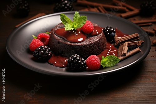 Rich chocolate lava cake garnished with fresh raspberries, blackberries, and mint on a dark plate