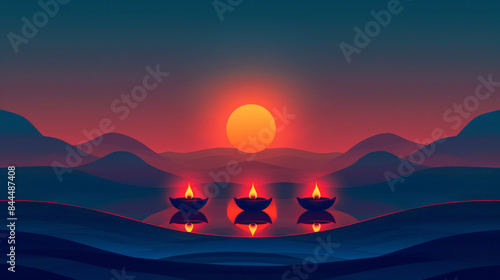 minimalist background featuring simple silhouettes of traditional oil lamps (diyas) against a smooth gradient background, capturing the essence of Diwali with clean lines and warm tones photo