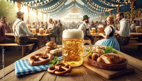 Traditional oktoberfest celebration with beer and pretzels in beer tent