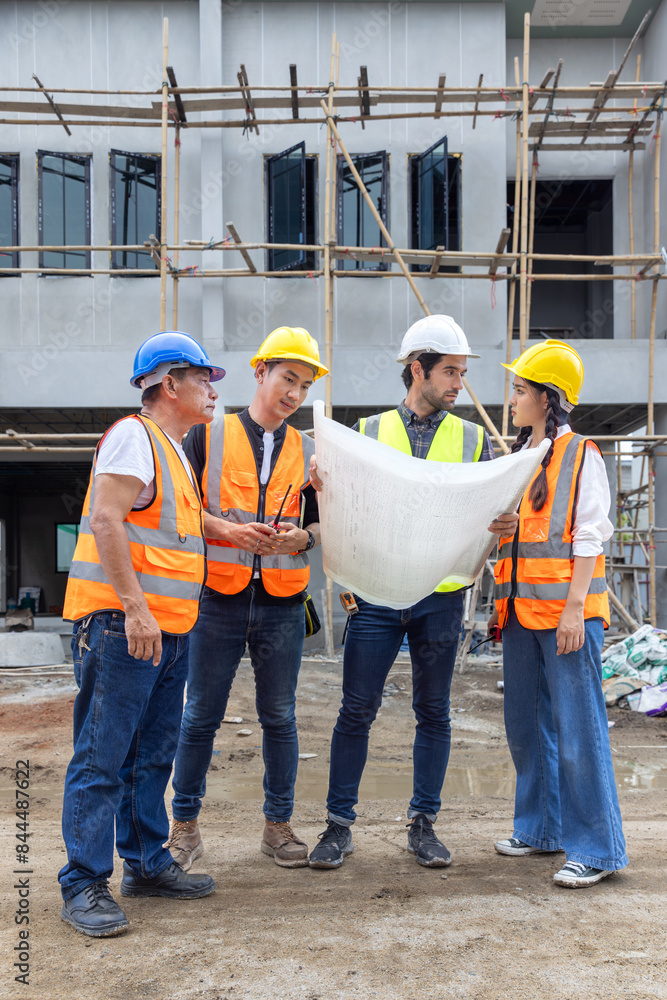 Foreman, engineer or architect with safety helmet holding laptop and blueprints for inspection details on construction in a new real estate construction site with crane and mechanical equipments. Foreman, engineer or architect with safety helmet holding laptop and blueprints for inspection details on construction in a new real estate construction site with crane and mechanical equipments.