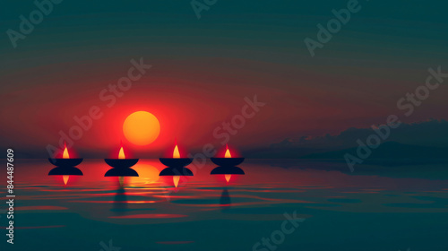 minimalist background featuring simple silhouettes of traditional oil lamps (diyas) against a smooth gradient background, capturing the essence of Diwali with clean lines and warm tones photo