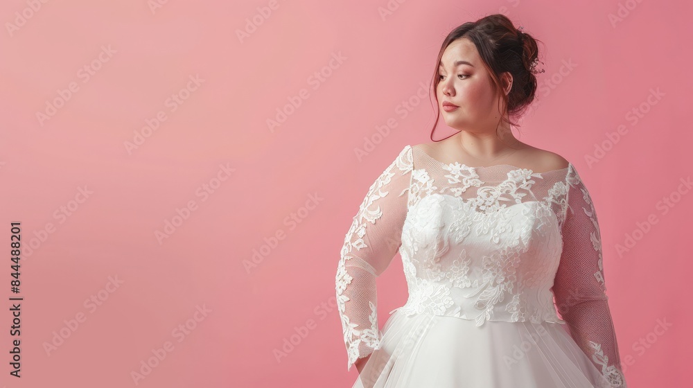 A beautiful, chubby woman in a lace wedding dress poses against a pink backdrop