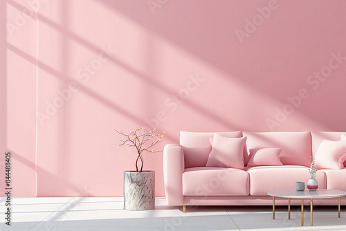 modern living room with sofa,A 3D rendering of a pink living room mockup, showcasing a modern design in a minimal home interior