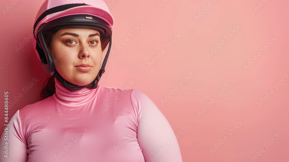 A woman in pink clothing and helmet poses against a pink backdrop A woman in pink clothing and helmet poses against a pink backdrop