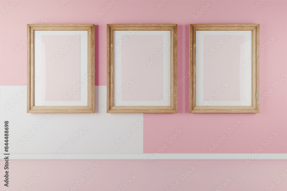 frames on a wall, A 3D rendering of an interior design featuring three wooden frames arranged symmetrically on a wall with a pink and white color scheme frames on a wall, A 3D rendering of an interior design featuring three wooden frames arranged symmetrically on a wall with a pink and white color scheme