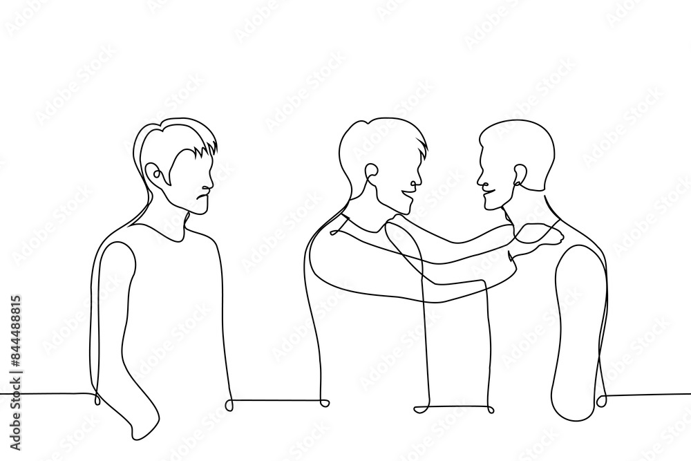 man envies the joyful mutual meeting of two close men - one line art vector. concept of man hating his boyfriend's male friend, jealous of a friend, man upset about gays man envies the joyful mutual meeting of two close men - one line art vector. concept of man hating his boyfriend's male friend, jealous of a friend, man upset about gays