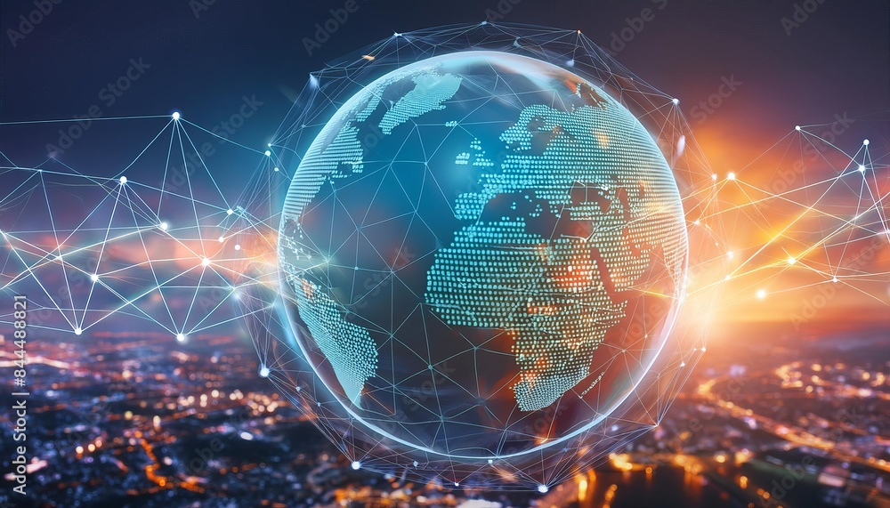Obraz premium A glowing globe connected by network lines and nodes, set against a backdrop of a vibrant cityscape at dusk. 