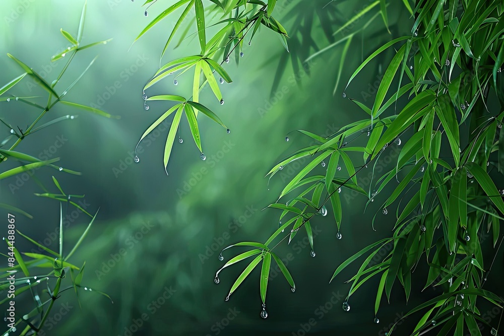 Serene bamboo leaves with dew in a lush green forest, creating a calming and tranquil nature background. Serene bamboo leaves with dew in a lush green forest, creating a calming and tranquil nature background.