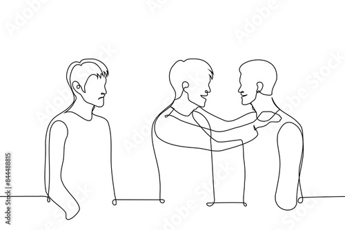 man envies the joyful mutual meeting of two close men - one line art vector. concept of man hating his boyfriend's male friend, jealous of a friend, man upset about gays