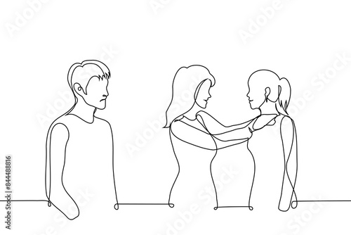 man envies the joyful mutual meeting of two close women - one line art vector. concept of man hating his girlfriend's female friend, misogynist, man upset with lesbians