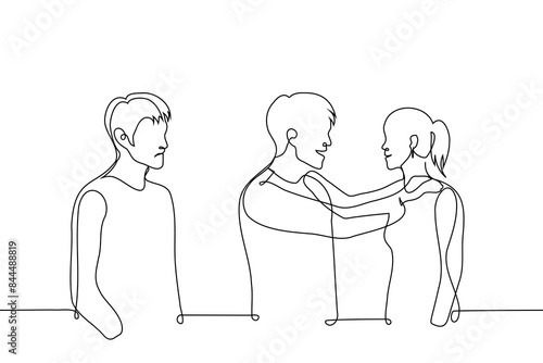 man envies the joyful mutual meeting of a man and a woman - one line art vector. concept of a possessive man observing the interaction of opposite-sex friends