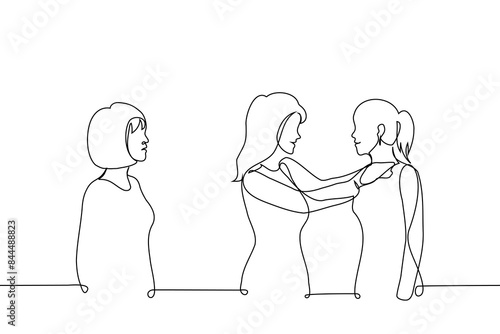 woman envies the joyful mutual meeting of two close women - one line art vector. concept of woman hating her bgirlfriend's female friend, jealous of a friend, woman upset about lesbians