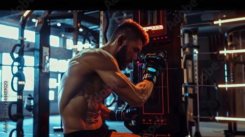 MMA Fighter Practicing with Robotic Equipment in High-Tech Gym