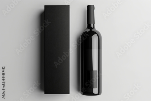 bottle of wine, A black wine bottle with a label and a closed black box packaging mockup isolated on a white background