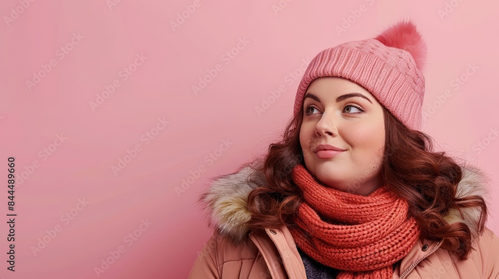 A woman in a pink hat, scarf and jacket poses against a pink background A woman in a pink hat, scarf and jacket poses against a pink background
