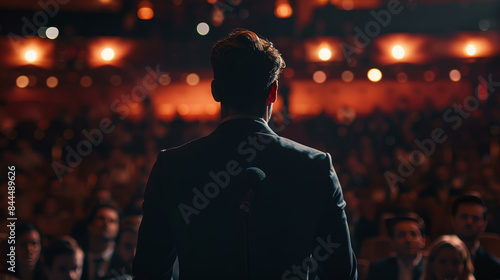 A man stands on stage in front of a crowd of people