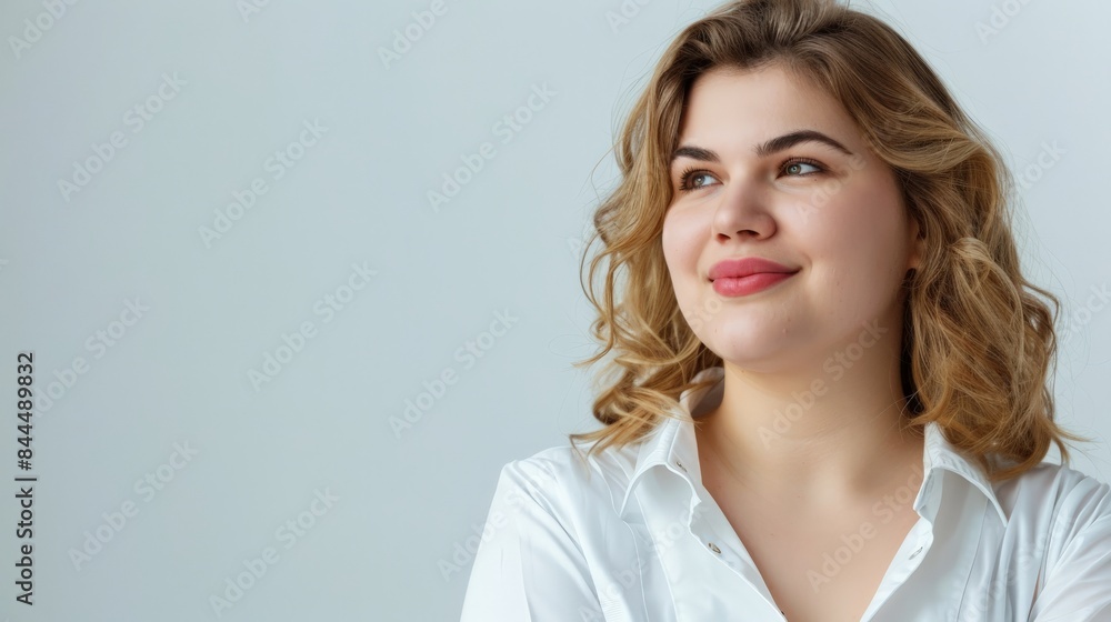 A confident plus-size woman in a white shirt A confident plus-size woman in a white shirt