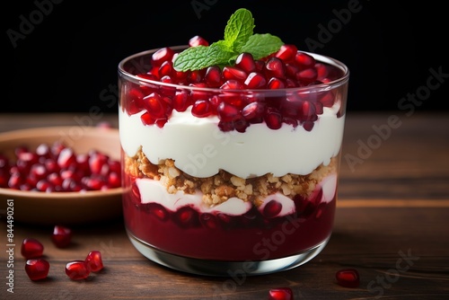 Delicious parfait with pomegranate, yogurt, and granola, garnished with fresh mint on a wooden table