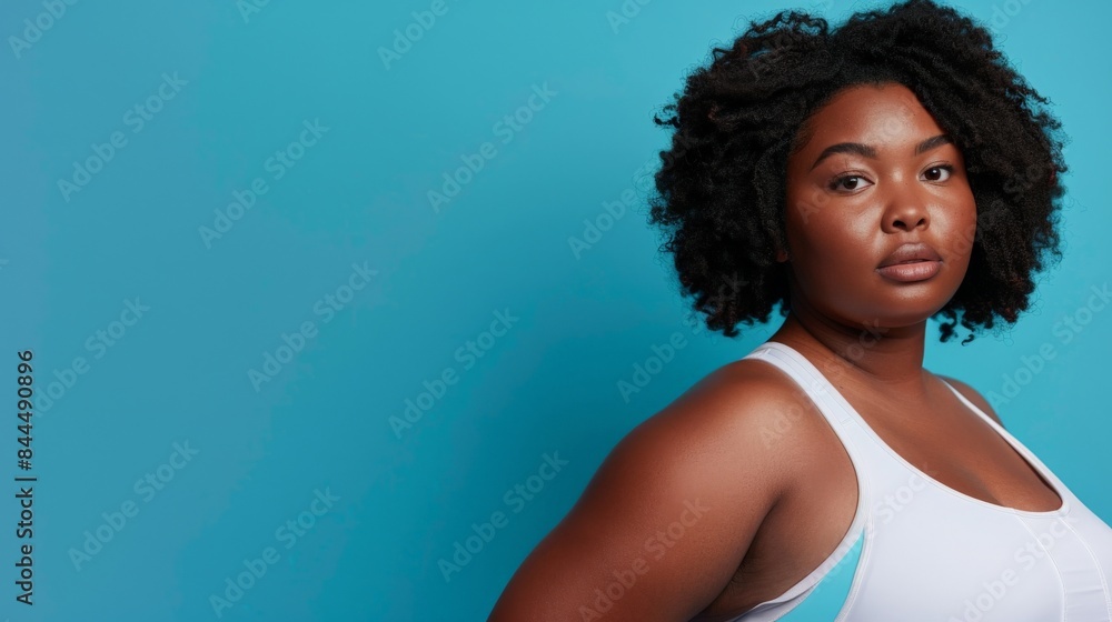 A woman with curly hair poses against a blue background A woman with curly hair poses against a blue background