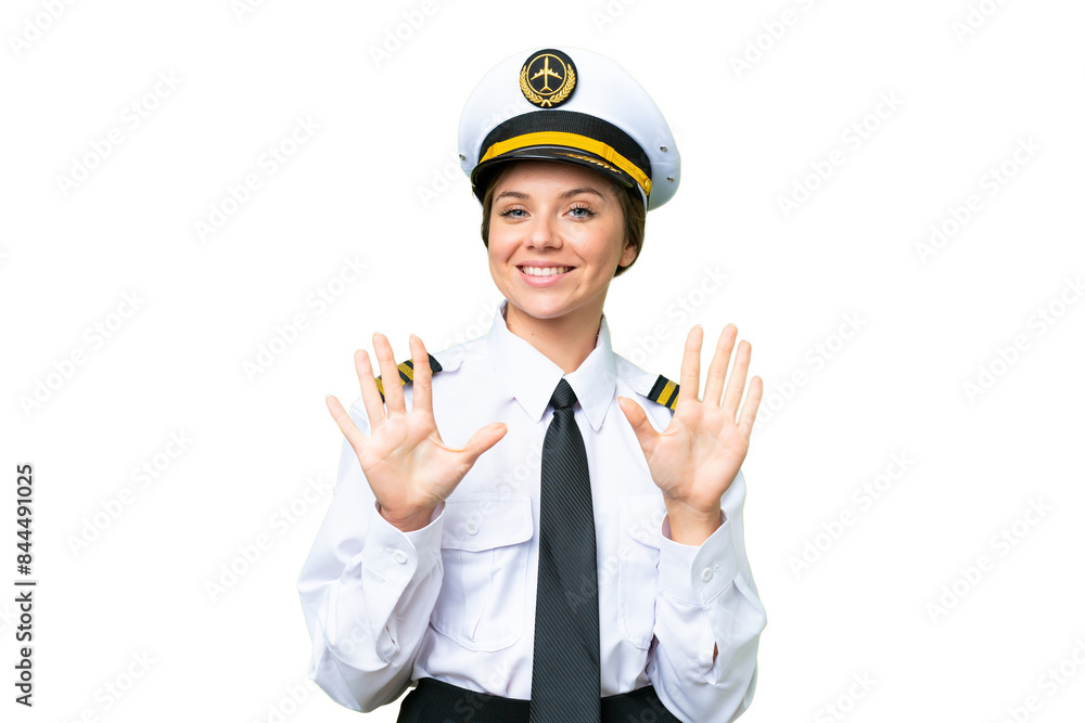 Airplane pilot woman over isolated chroma key background counting ten with fingers Airplane pilot woman over isolated chroma key background counting ten with fingers