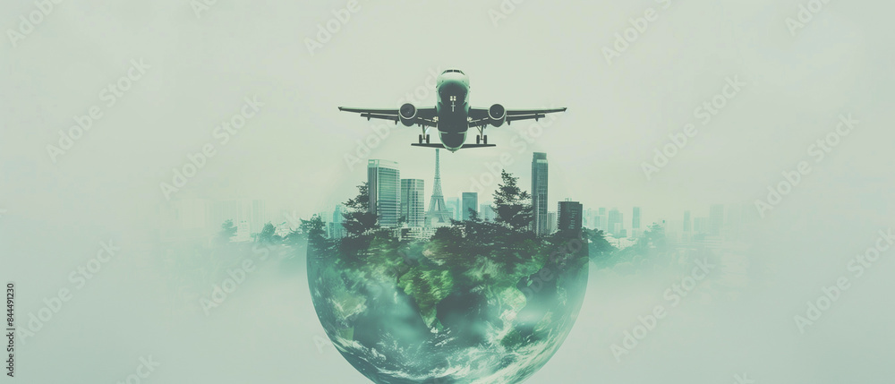 A commercial airplane takes off against a backdrop of a misty city, with the earth reflected beneath it. The scene evokes a sense of travel, hope, and the potential for new beginnings A commercial airplane takes off against a backdrop of a misty city, with the earth reflected beneath it. The scene evokes a sense of travel, hope, and the potential for new beginnings