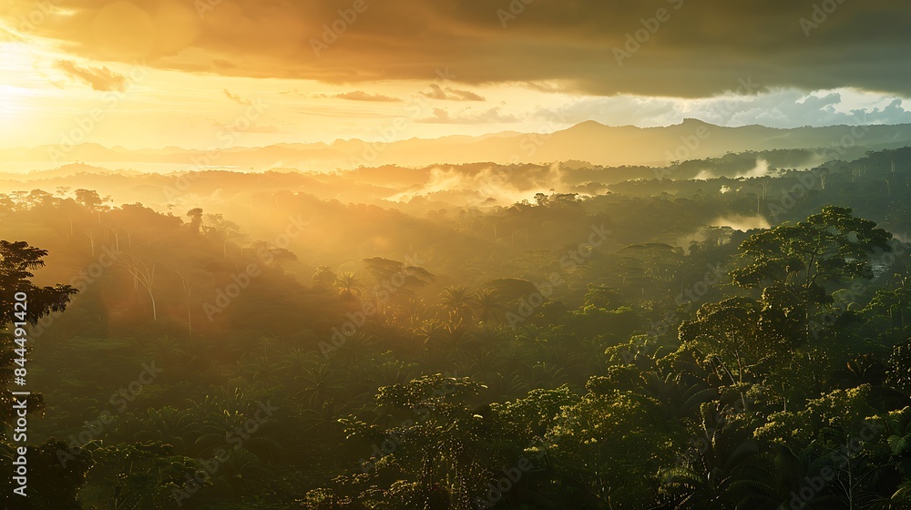 Panoramic views of rainforest landscapes at sunrise and sunset, with warm light casting dramatic shadows and highlighting the beauty of these times of day Panoramic views of rainforest landscapes at sunrise and sunset, with warm light casting dramatic shadows and highlighting the beauty of these times of day