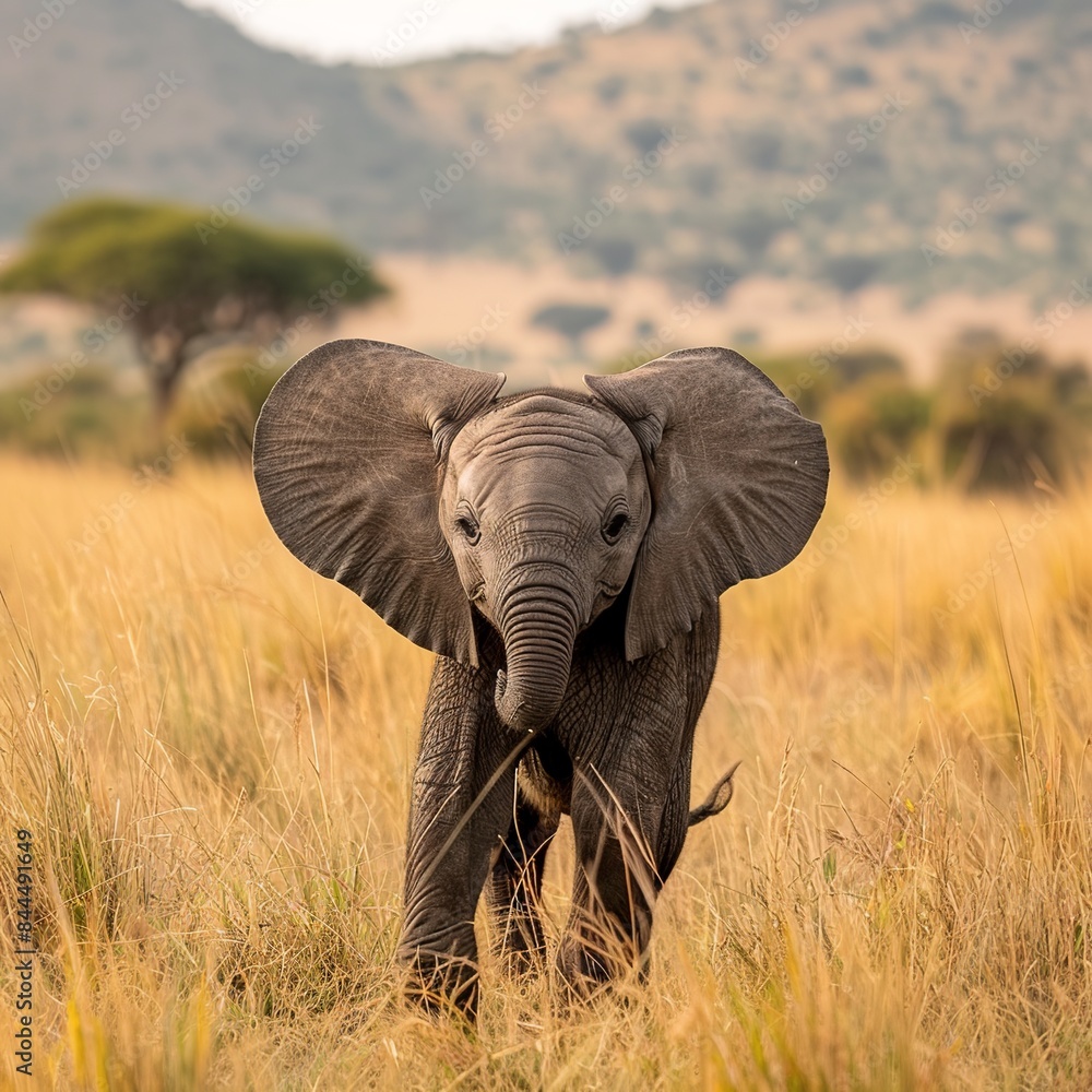 Fototapeta premium Witness the majestic sight of a herd of elephants gracefully migrating across the savanna during the dry season, a harmonious blend of nature's resilience and the timeless rhythm of wildlife