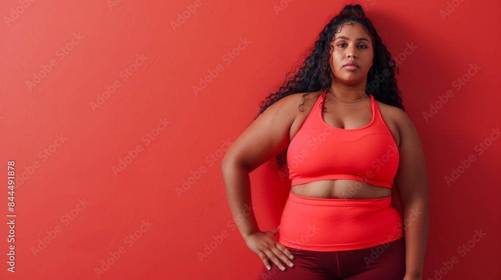 A woman in red sportswear stands confidently against a red wall A woman in red sportswear stands confidently against a red wall
