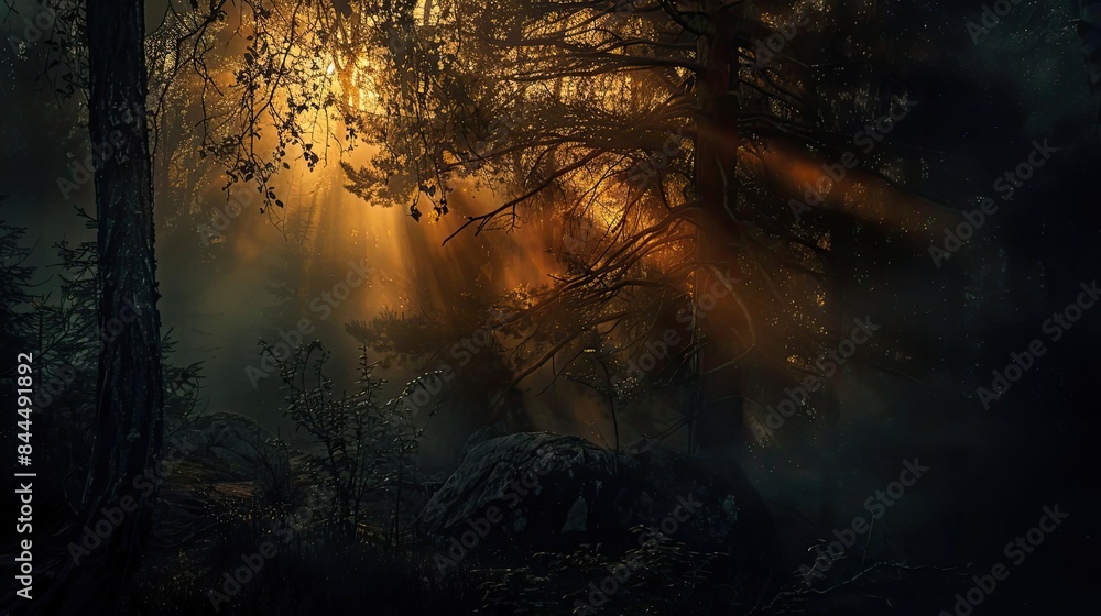 Fototapeta premium Magical sunlight filtering through dense forest trees, creating a mystical and serene atmosphere in nature.