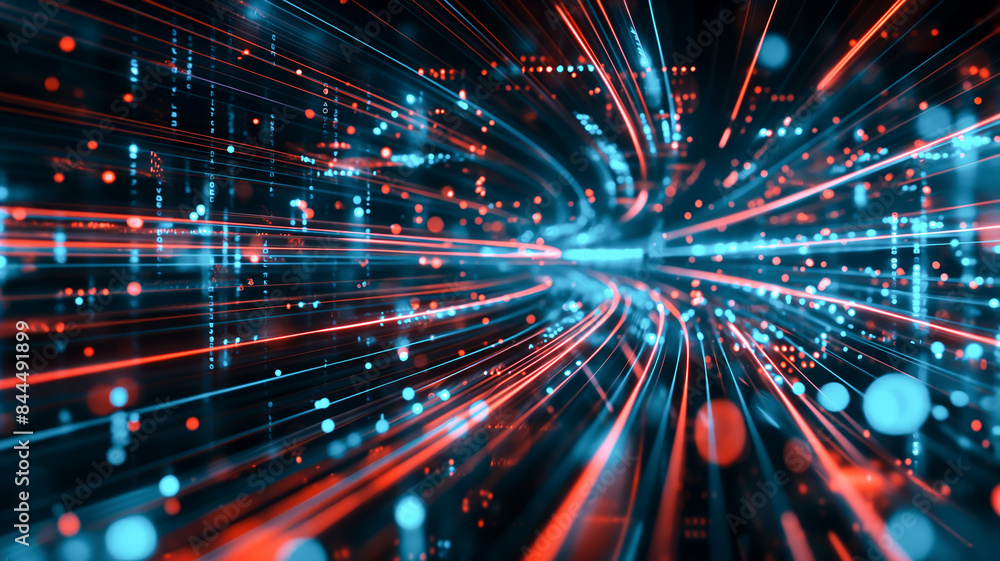 Obraz premium High-Speed Data Stream Visualized as Glowing Light Trails in a Digital Tunnel