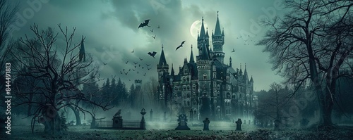 Eerie Gothic castle surrounded by a dark, misty forest with bats flying under a full moon creating a haunted and spooky atmosphere. photo