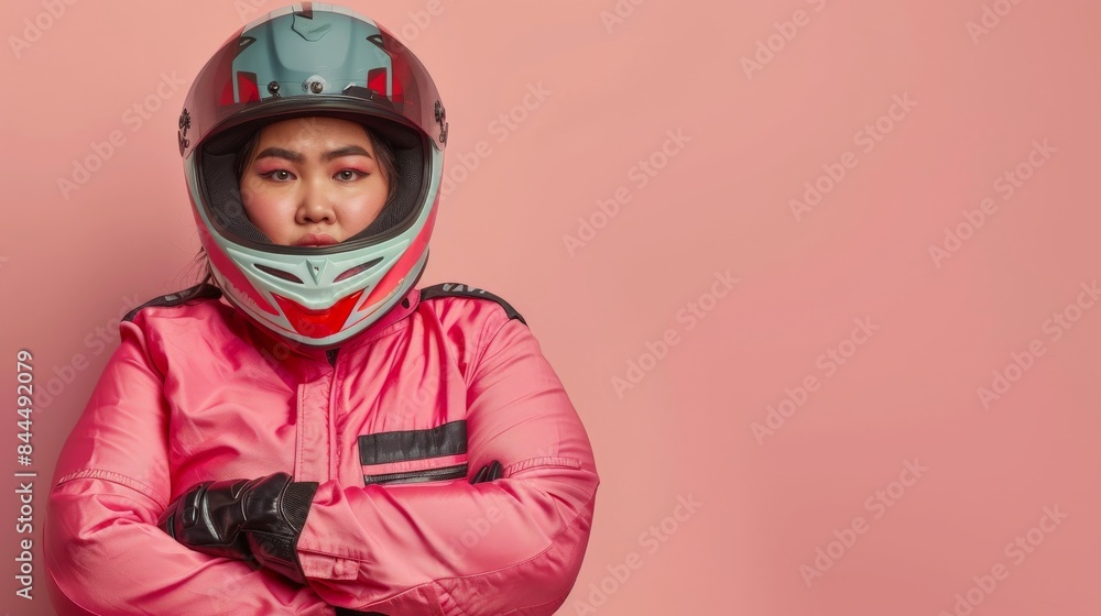 A plus-size woman confidently wears a pink racing suit and helmet A plus-size woman confidently wears a pink racing suit and helmet