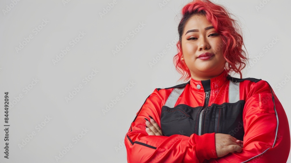 A confident plus-size model with red hair and a bold red jacket A confident plus-size model with red hair and a bold red jacket