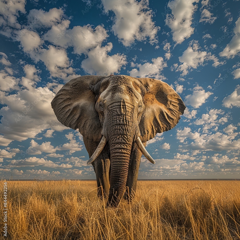 Fototapeta premium Witness the majestic sight of a herd of elephants gracefully migrating across the savanna during the dry season, a harmonious blend of nature's resilience and the timeless rhythm of wildlife