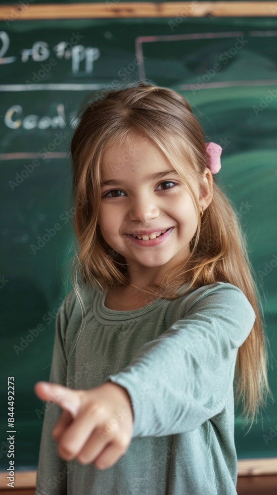 This image features a cheerful young girl with long hair, secured with a pink hair clip, wearing a light green long-sleeve top. She is standing in front of a dark chalkboard that has some writing on i This image features a cheerful young girl with long hair, secured with a pink hair clip, wearing a light green long-sleeve top. She is standing in front of a dark chalkboard that has some writing on i
