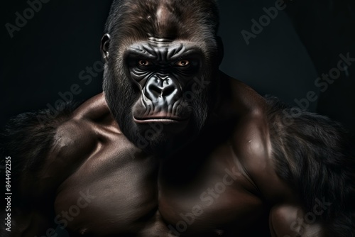 Close-up of a powerful gorilla with a thoughtful expression, isolated on a dark backdrop
