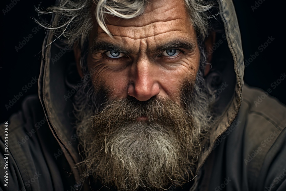Close-up portrait of an older man with a thick beard, piercing eyes, and a hooded garment Close-up portrait of an older man with a thick beard, piercing eyes, and a hooded garment