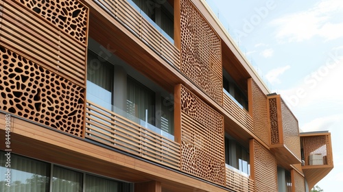 A 25 mm slat pattern forms a seamless wooden mosaic on a modern façade, blending tradition and modernity. photo