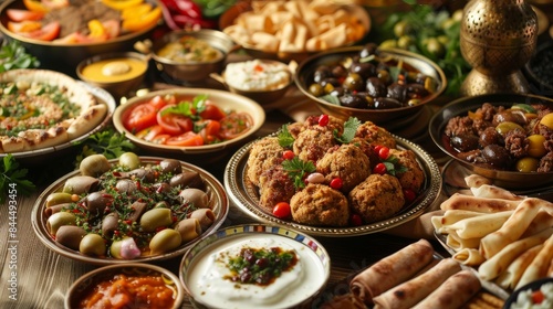 Arabic Cuisine;Middle Eastern traditional dishes and assorted meze. Vine leaves, kibbeh,chicken fatteh, spring rolls, sambusak, kibbeh nayyeh, makdous, haloumi, olives, eggplant fatteh and salads photo