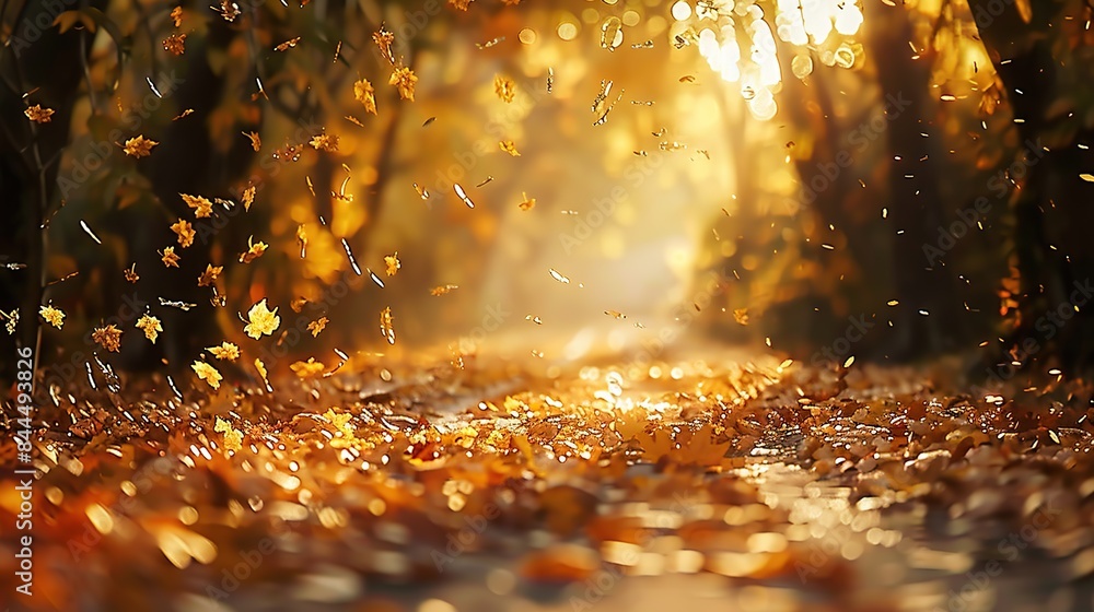 Serene autumn pathway covered in golden leaves with soft sunlight Serene autumn pathway covered in golden leaves with soft sunlight