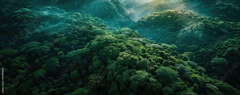 Obraz premium A breathtaking aerial view of a lush green forest under a cloudy sky, showcasing nature's beauty and serene landscape.
