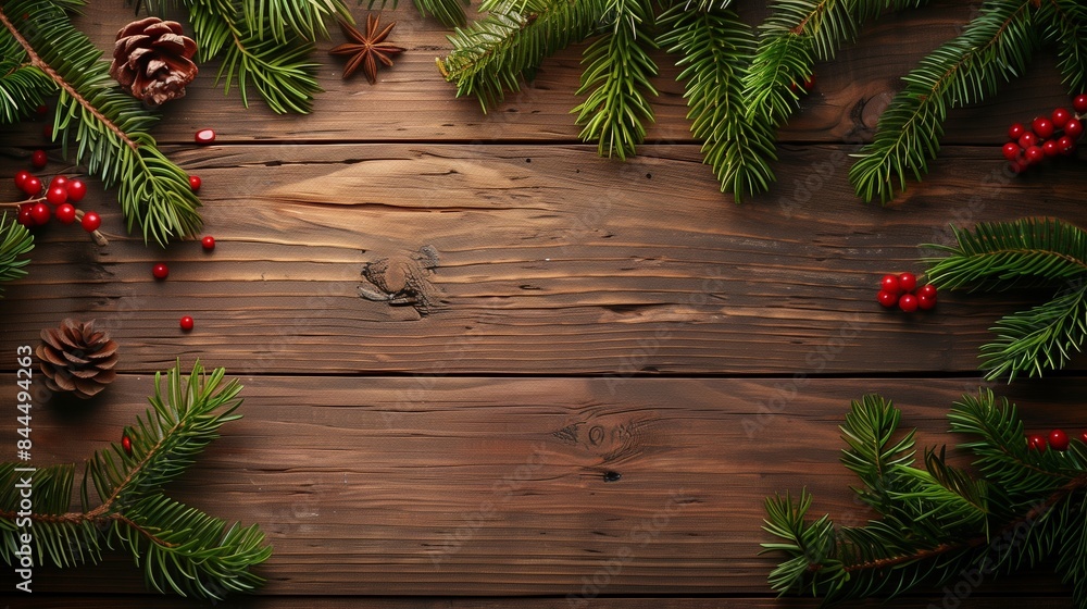 new year brown wooden background with green tree and red berries new year brown wooden background with green tree and red berries