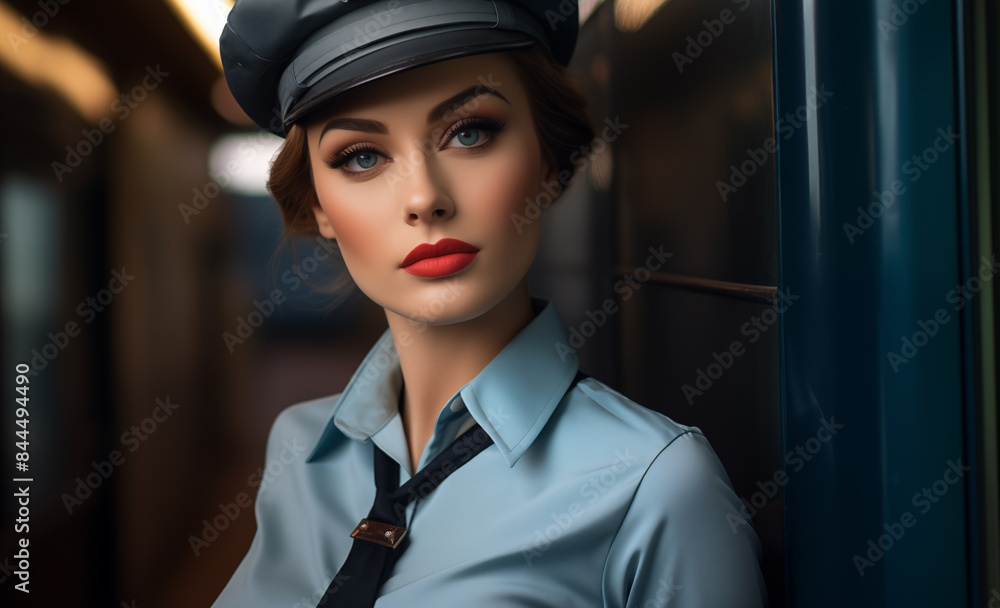 Portrait of a female train conductor in a classic uniform, a wagon on the background. Generative AI Portrait of a female train conductor in a classic uniform, a wagon on the background. Generative AI