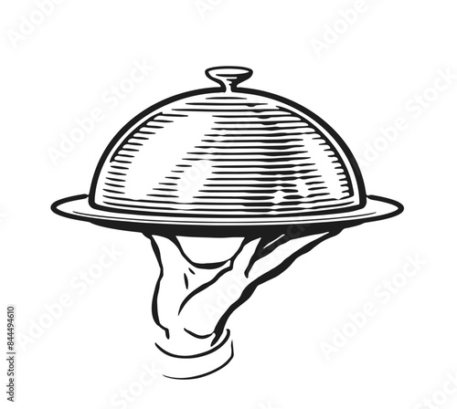 Hand with tray with lid. Waiter serving food. Sketch drawing for restaurant or cafe menu