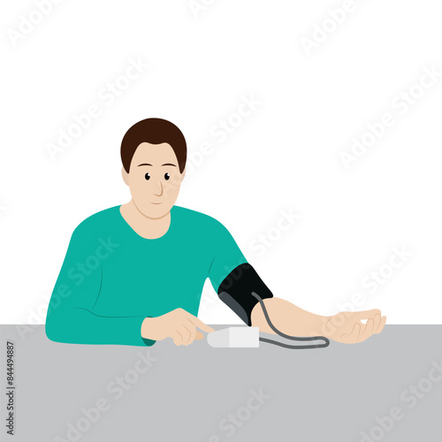 Portrait of a guy who measures blood pressure with a tonometer, isolate on white, simple illustration, flat style, minimalism