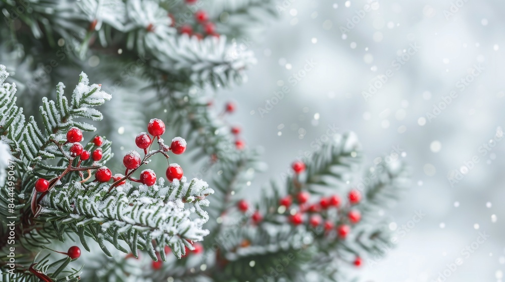White new year background, pine with red berries, green tree White new year background, pine with red berries, green tree