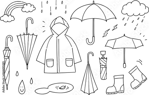 Set of hand-drawn rough line illustrations with a rain gear theme